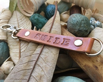 Ready-to-Ship, Hand-Stamped, Saddle Brown, Vegetable-Tanned, Leather "SMILE" Key Fob, Key Chain, Key Ring, Lanyard, Purse Charm, Bag Charm