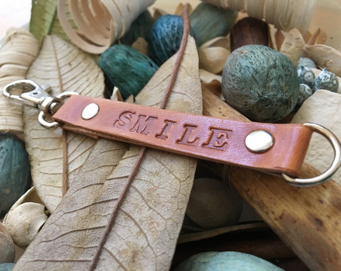 Ready-to-Ship, Hand-Stamped, Saddle Brown, Vegetable-Tanned, Leather "SMILE" Key Fob, Key Chain, Key Ring, Lanyard, Purse Charm, Bag Charm