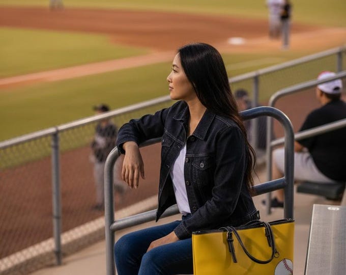 Yellow Baseball Fan Tote with SD Logo, PU Leather Shoulder Bag for Padres Fans