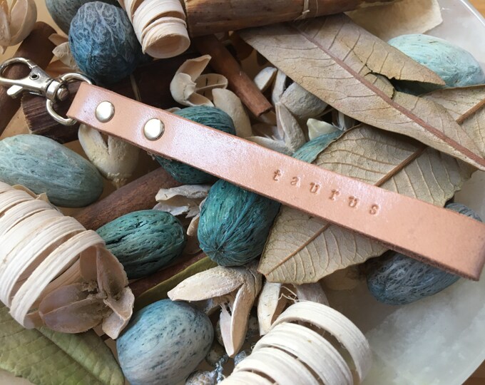 Ready-to-Ship, Natural Hand-Stamped, Vegetable-Tanned, Leather "Taurus" Zodiac Key Fob, Key Chain, Key Ring, Lanyard, Purse Charm, Bag Charm