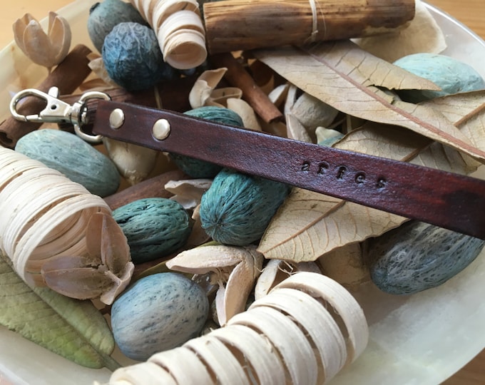 Ready-to-Ship, Dark Brown, Hand-Stamped, Vegetable Tanned, Leather "Aries" Zodiac Key Fob, Key Ring, Key Chain, Purse Charm, Bag Charm