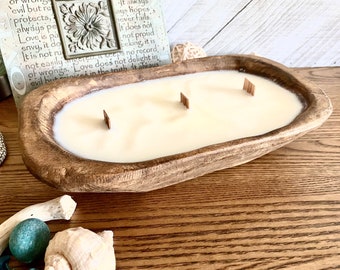 Hand Poured Soy Candle, Wood Dough Bowl with Wood Wicks