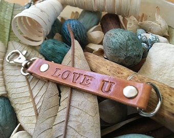 Ready-to-Ship, Hand-Stamped, Saddle Brown, Vegetable-Tanned, Leather "Love U" Key Fob, Key Ring, Key Chain, Purse Charm, Bag Charm