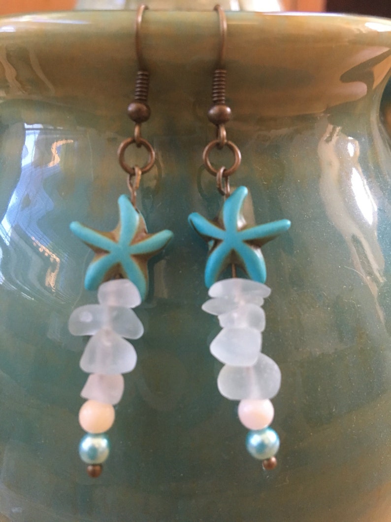 Starfish Charm and Tumbled Sea Beach Glass with Turquoise Pearls Drop Earrings Handmade Dangle