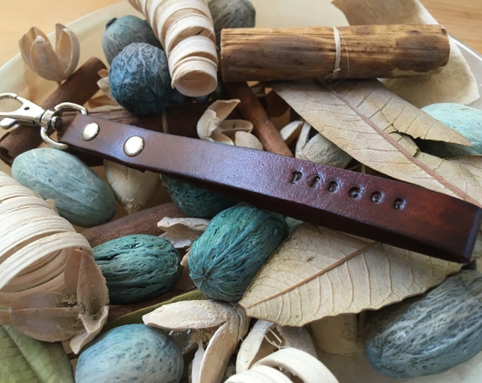 Ready-to-Ship, Dark Brown, Hand-Stamped, Vegetable-Tanned, Leather "Pisces" Zodiac Key Fob, Key Ring, Key Chain, Purse Charm, Bag Charm
