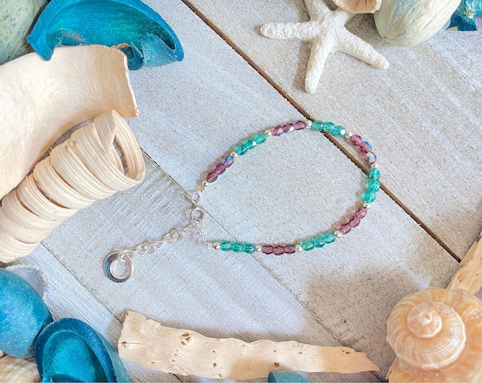 Czech Glass Beaded Bracelet, Silver Rondelle, Adjustable