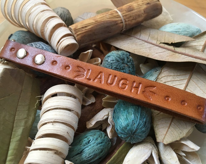 Ready-to-Ship, Hand-Stamped, Saddle Brown, Vegetable-Tanned, Leather "LAUGH" Key Fob, Key Ring, Key Chain, Purse Charm, Bag Charm