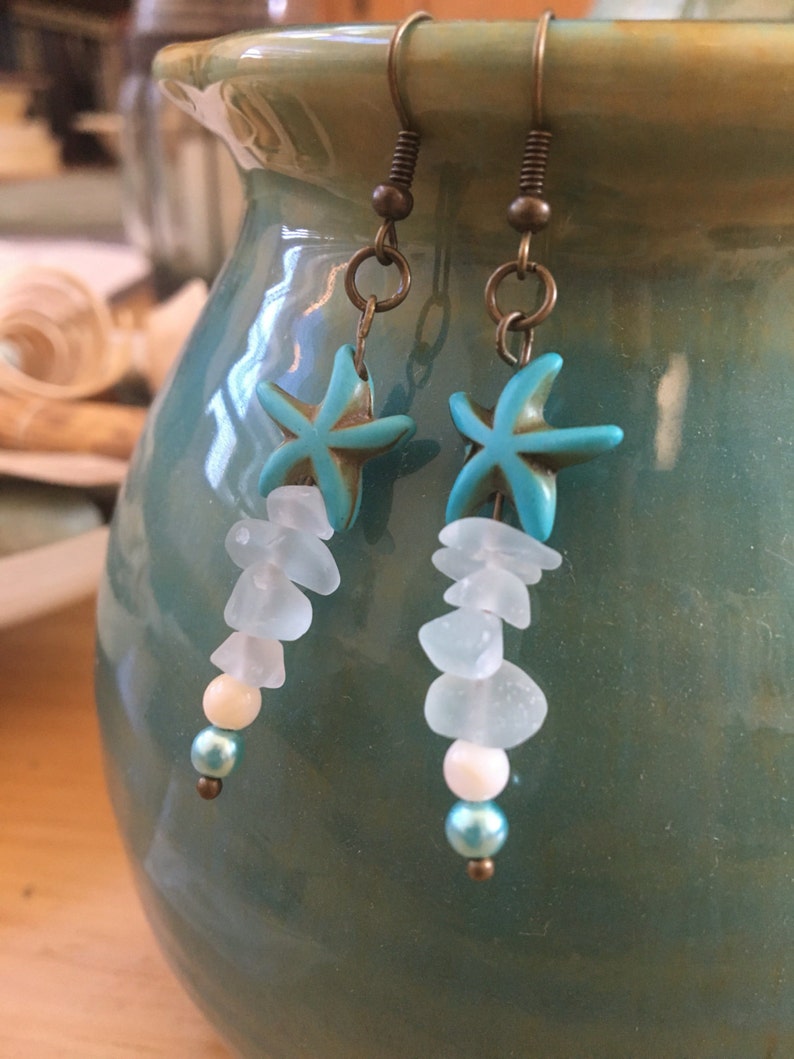 Starfish Charm and Tumbled Sea Beach Glass with Turquoise Pearls Drop Earrings Handmade Dangle