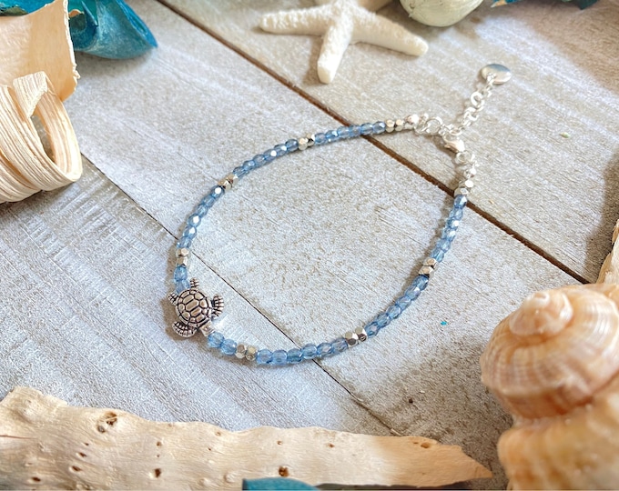Blue Czech Glass Beaded Bracelet, Silver Sea Turtle Charm, Adjustable