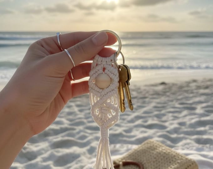 Handmade Wood Bead Key Fob, Boho Macrame Purse Charm