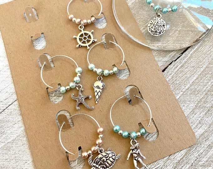Pink, Sea foam, Turquoise, Pearl, Bead, Wine, Charm, Wine Charm, Sand Dollar, Starfish, Ice Cream Cone, Sea Turtle, Surfer Girl, 6 Pack, Set