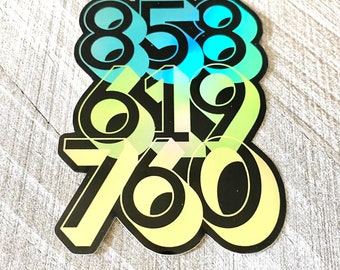 3x2.5”, San Diego, California, Area Code, Holographic, Sticker, Decal, Car Decal, Bumper Sticker, Decals, Stickers, 858, 619, 760, Vinyl