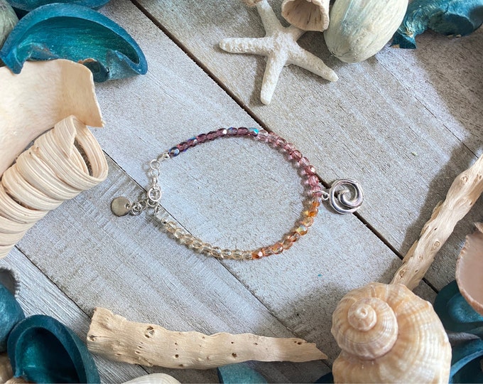 Czech Glass Beaded Bracelet, Silver Wave Charm, Adjustable