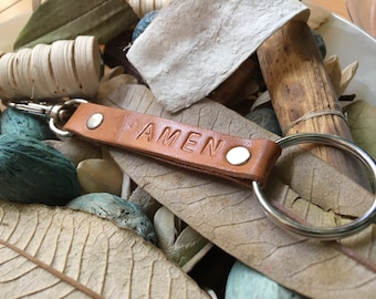 Ready-to-Ship, Saddle Brown, Hand-Stamped, Vegetable-Tanned, Leather "AMEN" Key Fob, Key Chain, Key Ring, Lanyard, Purse Charm, Bag Charm
