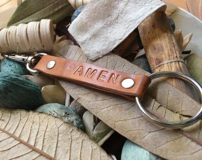 Ready-to-Ship, Saddle Brown, Hand-Stamped, Vegetable-Tanned, Leather "AMEN" Key Fob, Key Chain, Key Ring, Lanyard, Purse Charm, Bag Charm