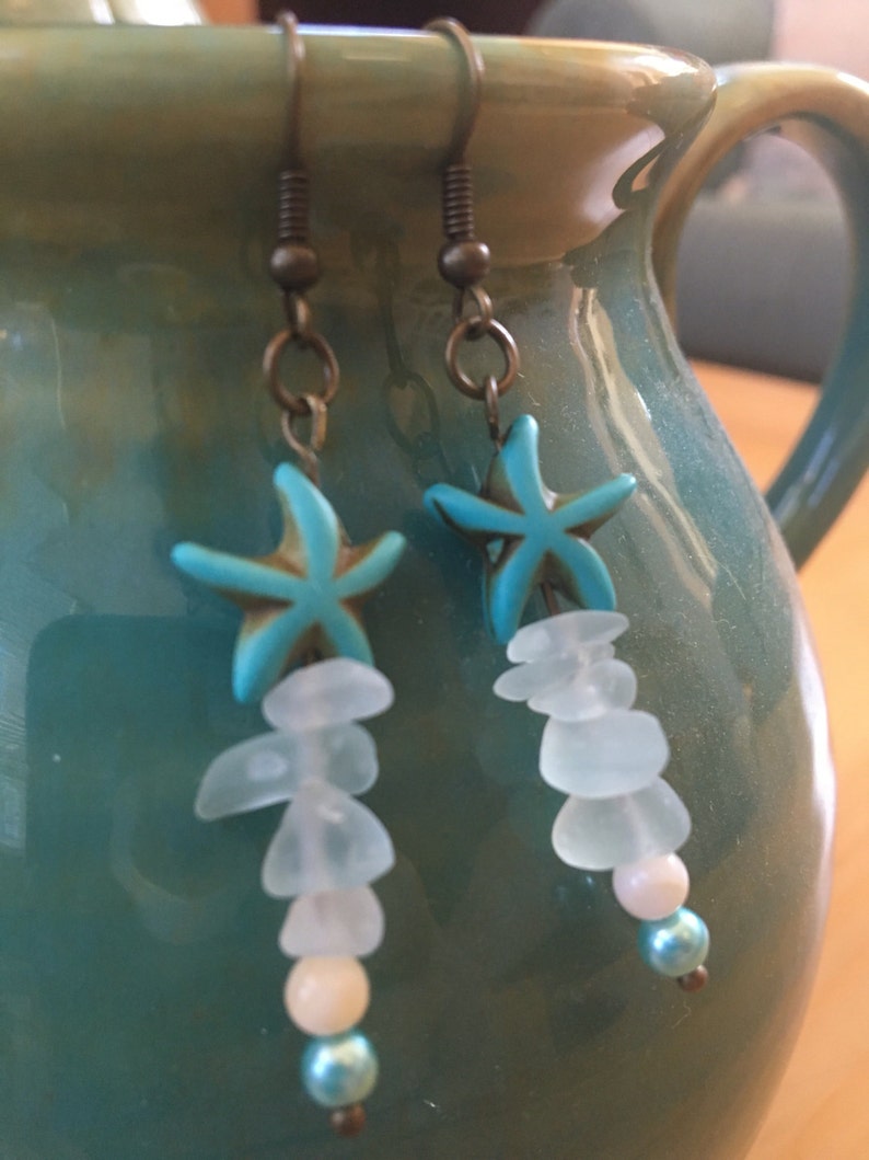 Starfish Charm and Tumbled Sea Beach Glass with Turquoise Pearls Drop Earrings Handmade Dangle