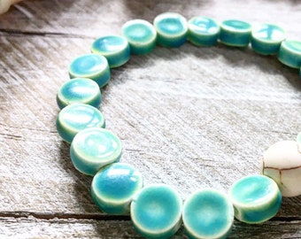 Ready-to-Ship, Handmade, 8mm Ceramic Turquoise Disk, White Etched Beaded, Stretch Nylon Cord Bracelet