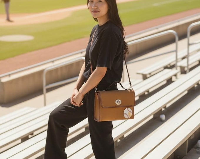 Baseball Padres Ball and Logo Patch Waterproof Canvas Bag Brown Crossbody