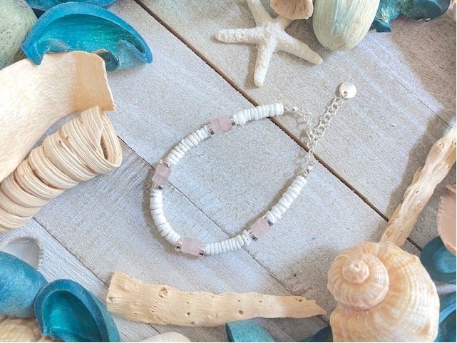 Bead, Bracelet, Rose, Quartz, Heshi, White, Pukka, Shell Bead, Bracelet, Rose, Quartz, Heshi, White, Pukka, Shell