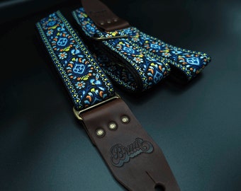 Guitar Strap, customizable, leather and nylon, vintage style, dark blue