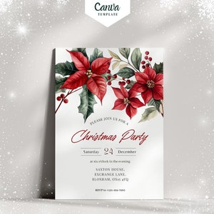Modèle de toile d'invitation de poinsettia de Noël aquarelle de luxe, invitation de fête de Noël botanique, invitation personnalisée de fête de Noël