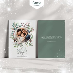 Modèle de carte de famille de Noël personnalisée aquarelle, carte florale de joyeux Noël, carte de botanique de Noël, carte de Noël avec photo de famille