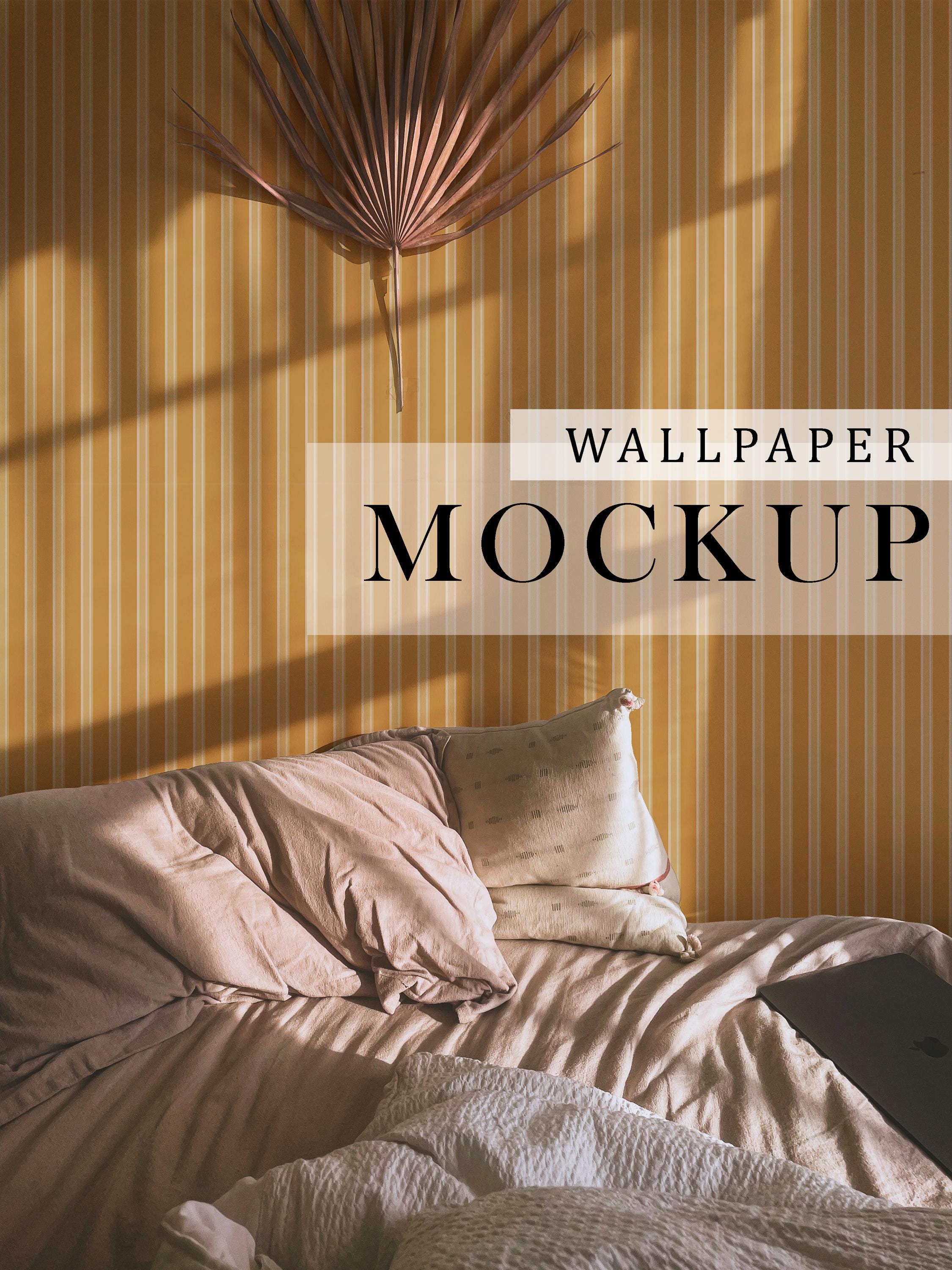 Cozy Beige Neutral Bedroom Wallpaper PSD Mockup Template, Boho Interior Wall Mock up, Aesthetic Minimalist Home Wall Mockup Wallpaper design