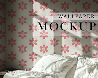 Real life Neutral Room Wall Wallpaper PSD Mockup, Minimalism Interior Wall Mock Up, Bedroom Wall Mockup Wallpaper With Shadows Smart Object