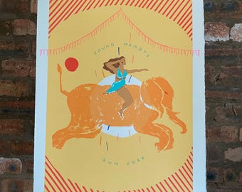 Fille chevauchant un éléphant - Sérigraphie - Young Hearts Run Free