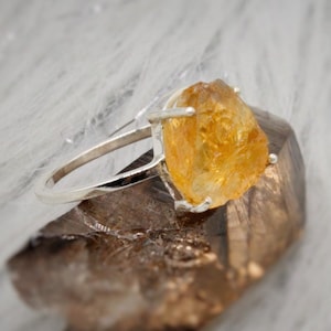 Raw Citrine Ring, Sterling Silver Dainty Gem Ring, UK Size S 1/2, November Birthstone, Gemstone Rings For Women, Birthday Gifts For Her