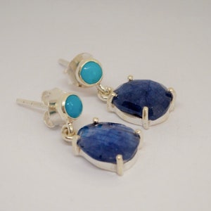 Blue Sapphire, Turquoise Earrings, Sterling Silver Teardrop Earrings, September, December Birthstone, Birthday Gift For Her, Cute Gemstone