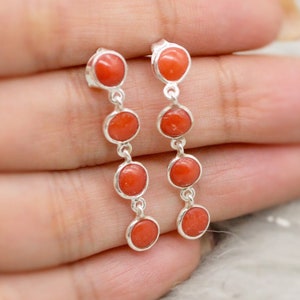 Red Coral Sterling Silver Drop Earrings, Natural Coral Earrings, Unique Dainty Earrings, Red Coral Jewelry, Gift For Her