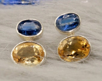 Kyanite Citrine Silver Stud Earrings: November Birthstone, Blue Orange Gemstone Jewelry