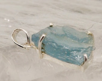 Raw Aquamarine Pendant Necklace, Sterling Silver, March Birthstone, Aquamarine Crystal, Raw Gemstone, Gift For Her