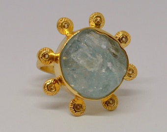 Citrien, rauwe aquamarijn gouden ring, sierlijke maart geboortesteen ring, Britse maat M, N, aquamarijn sieraden, ringen voor vrouwen, rauwe edelsteen, verjaardagscadeaus