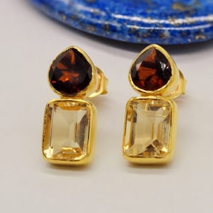 Garnet Citrine Gold Stud Earrings, Unique Gold Plated Sterling Silver Earrings, January, November Birthstone, Birthday Gifts For Her