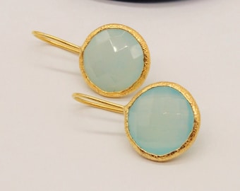 Aqua Chalcedony Earrings: Gold, Dangle Drop, Sterling Silver, Round Blue Gemstone Jewelry