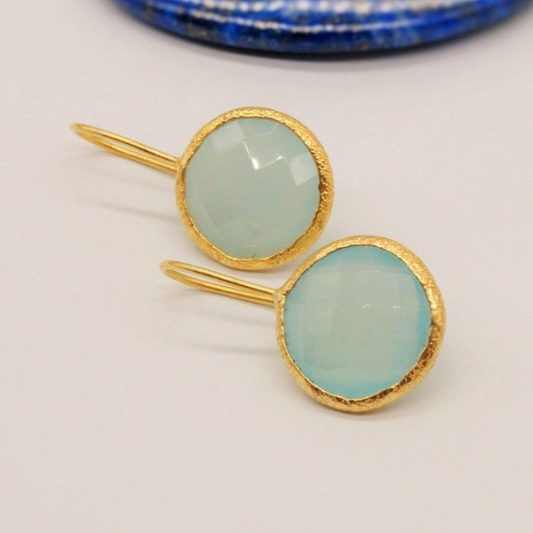 Gold Aqua Chalcedony Earrings, Blue Dangle Earrings, Chalcedony Jewelry, Gold Plated Unique Earrings, Birthday Gift For Her, Bridesmaid Gift