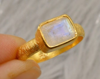Rainbow Moonstone Ring: Dainty Gold Plated Sterling Silver, June Birthstone
