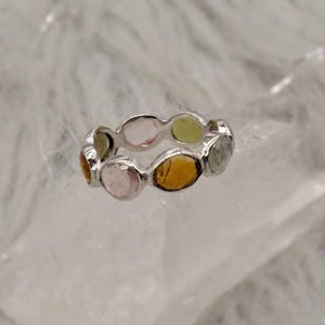 Raw Tourmaline Sterling Silver Ring: October Birthstone Jewelry, Pink Green Orange Gemstone, Eternity Ring