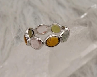 Raw Tourmaline Sterling Silver Ring: October Birthstone Jewelry, Pink Green Orange Gemstone, Eternity Ring