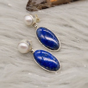 Lapis Lazuli Pearl Silver Drop Earrings: Handmade Blue Gemstone Jewelry