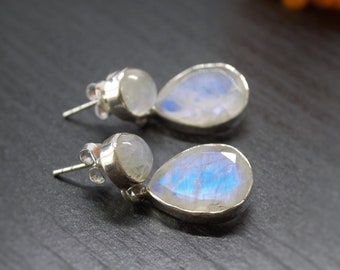 Rainbow Moonstone Sterling Silver Earrings, Moonstone Jewelry, Unique Gemstone Dangle Drop Earrings, Dainty Earrings, Gift For Her