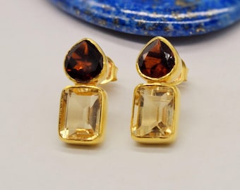 Garnet Citrine Gold Stud Earrings:  Sterling Silver, January November Birthstone, Red Yellow Gemstone Jewelry