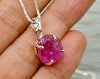 Raw Ruby Chain Pendant Necklace, Sterling Silver, July Birthstone, Dainty Raw Gemstone, Necklaces for Women, Birthday Gift For Her