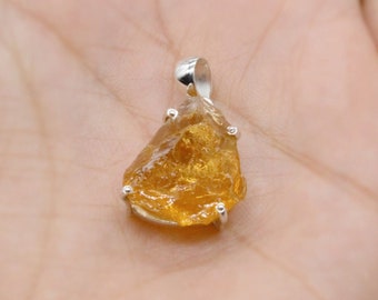 Raw Citrine Pendant Necklace: Rough Cut November Birthstone, Sterling Silver