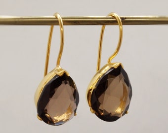 Smokey Quartz Gold Earrings, Black Quartz Dangle Drop Gemstone Earrings, Smoky Quartz, Bridesmaid Gift, Birthday, Gift For Her