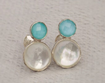 Aqua Chalcedony Moonstone Stud Earrings: Sterling Silver, White Blue Gemstone, Handmade Jewelry