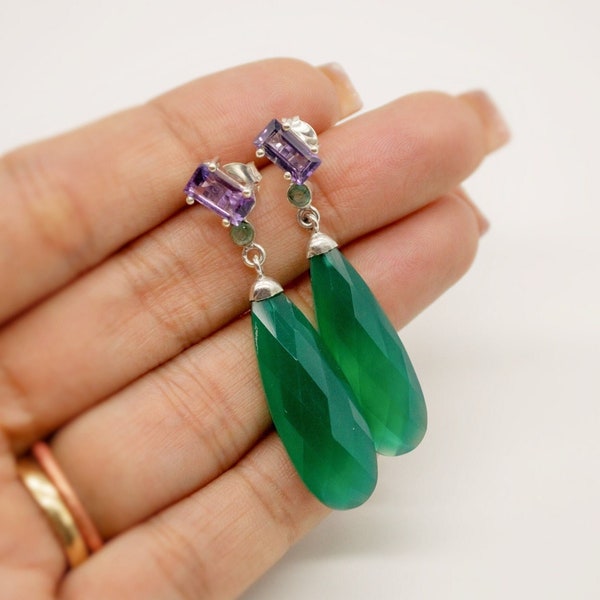 Green Onyx, Amethyst, Emerald Earrings, Sterling Silver Gemstone Earrings, February Birthstone Jewelry, Birthday Gifts For Her, Bridesmaid