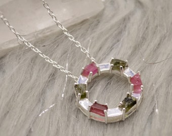 Pink & Green Tourmaline Necklace: Sterling Silver October Birthstone, Gemstone Pendant